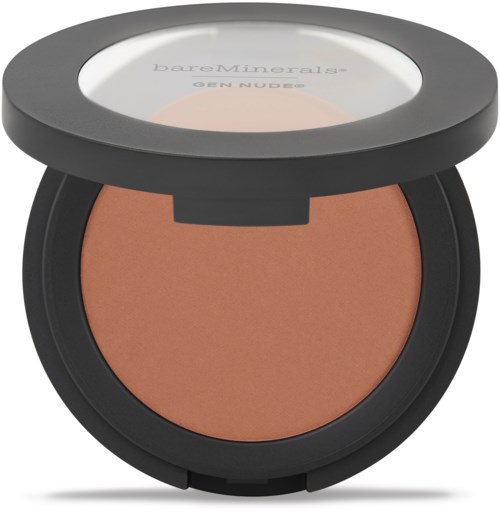 En lille makeupboks med spejl og beige bronzer indeni.