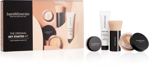 En sminkeeske med tre små beholdere, en børste og en tube, alle fra bareMinerals i en eske.