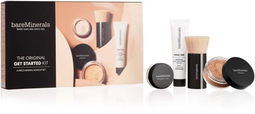 Ett sminkset med foundation, puder, borste och små behållare, i en låda märkt "bareMinerals," för att börja sminka.