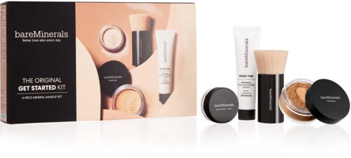 BareMinerals makeup- och sminksats med puder, borstar och krämer i en vit låda.