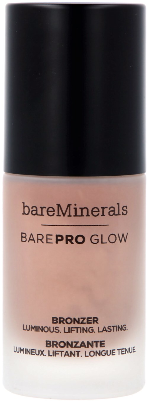 Bildet viser en flaske med bareMinerals BarePRO GLOW-bronzer. Flasken er lysfarget med svart og oransje tekst.