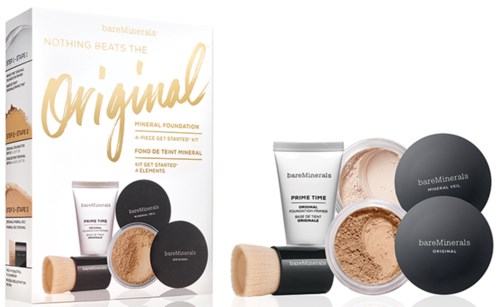 BareMinerals foundation-set innehåller puder, borste och behållare i enkel, ren förpackning.