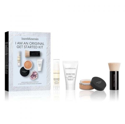 A skincare set with various products including creams, powder, and a brush, labeled as BareMinerals' starter kit.