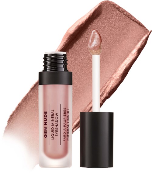 En tub med nude läpp- och ögonglans med applicator och prov på produkten bakom.