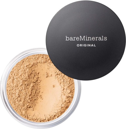 En rund beholder med beige pulver og svart lokk med teksten bareMinerals ORIGINAL.