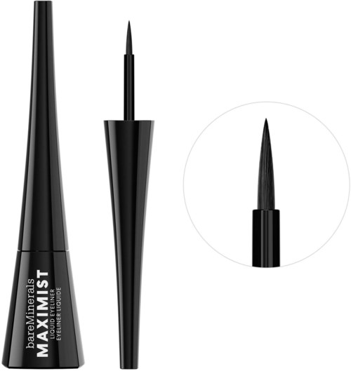 A black liquid eyeliner pen with a pointed brush tip, displayed with the cap and brush separated.