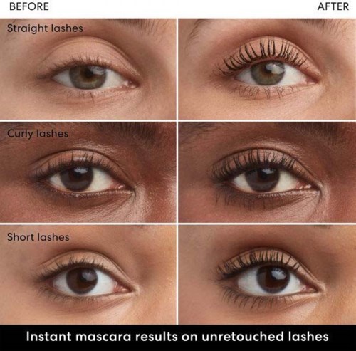 De afbeelding toont drie voor-en-na vergelijkingen van wimpers, met rechte, krullende en korte wimpers, na gebruik van mascara.