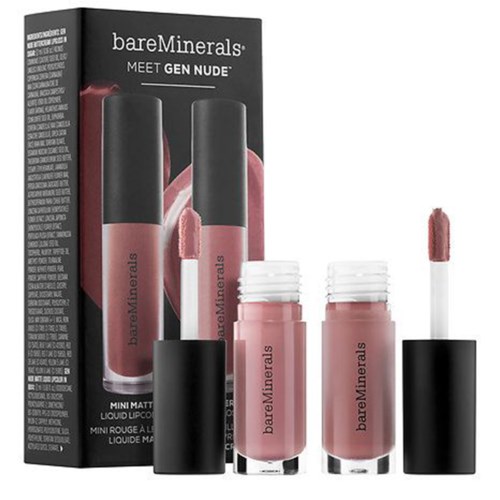 To lipglossrør og en eske med svart bakgrunn og tekst som beskriver bareMinerals produkter.