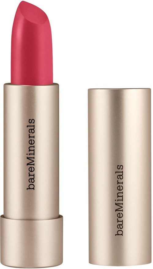 Een roze lippenstift in een gouden huls met de merknaam bareMinerals.