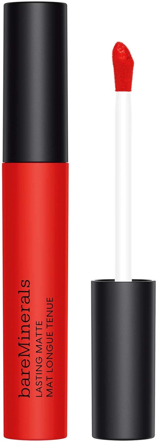En röd läppglansrör med svart lock och applikator med rött gloss.