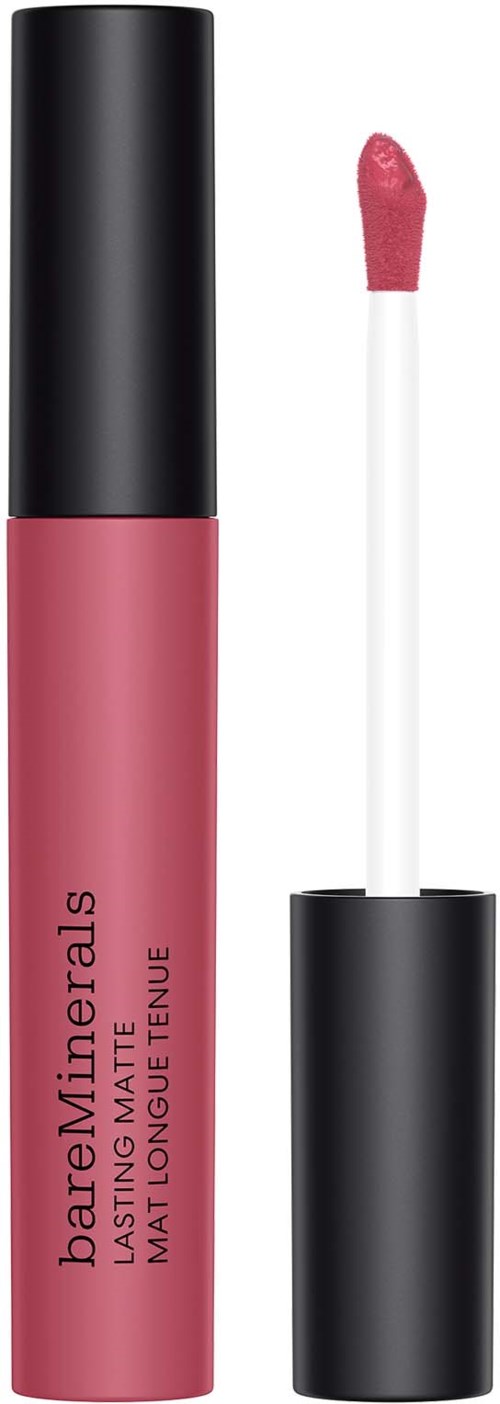 Ett rosa flytande läppstift med svart lock och lång applikatorstång.