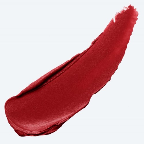 Ett tjockt rött läppstiftsmålning med släta och texturerade delar på en ljus bakgrund.