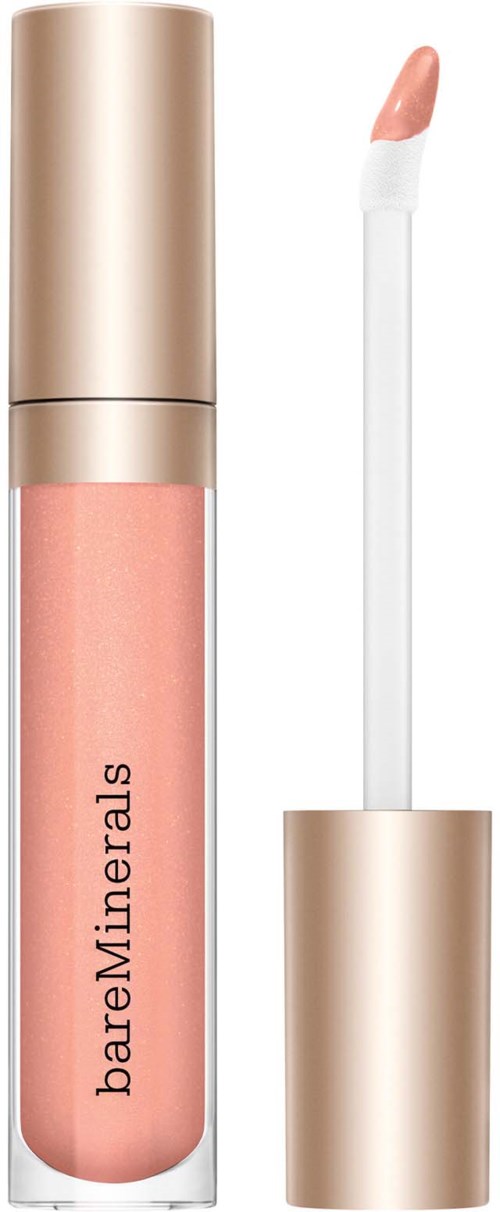 A tube of BareMinerals lip gloss with an applicator wand and light pink color.