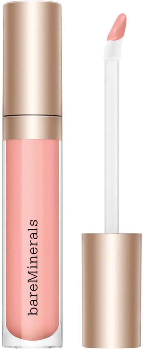 En leppefargetube med gullkappe og lys rosa gloss. Applikatoren er ved siden av.