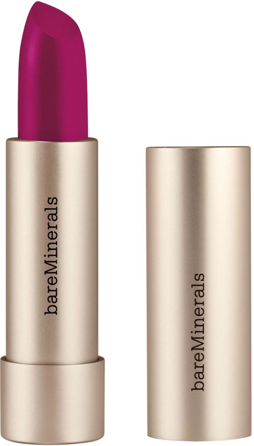 Et lyst rosa leppestift i et gullfarget etui med merkesen bareMinerals. Kappen er fjernet, som viser leppestiftet.
