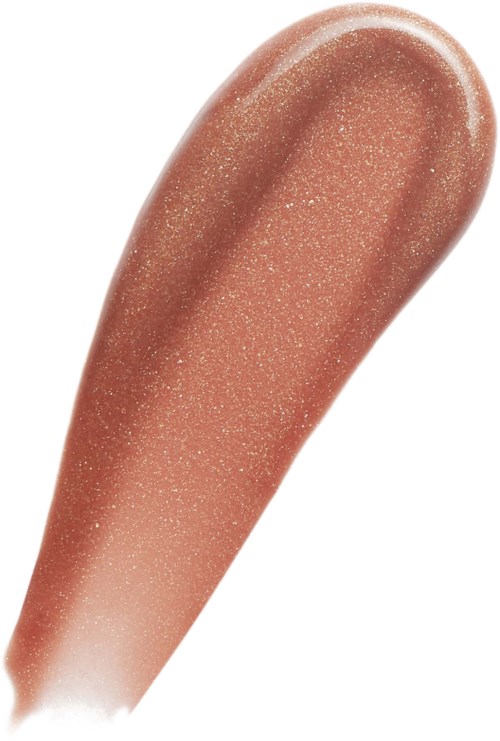 En prøve af glitrende, ferskenfarvet makeup med glitter og en glat tekstur.