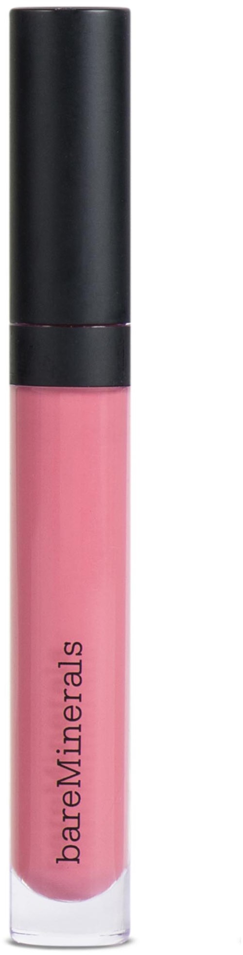 Läppglans i rosa-färgad tub med svart lock. Varumärket 'bareMinerals' är tryckt på tuben.