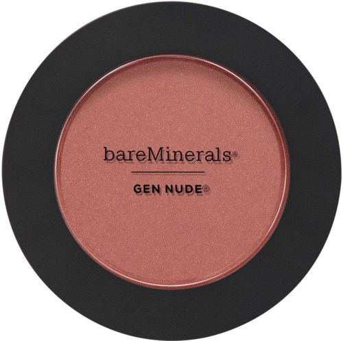 En bluspkvist med rosa nyans märkt bareMinerals GEN NUDE, i ett svart runt fodral.