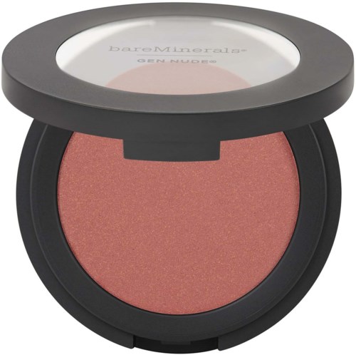En rund makeup-kompakt med rosa rouge inuti och ett tydligt lock som visar varumärket BareMinerals.