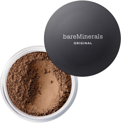 En rund beholder med brunt puddermaling og et svart lokk med bareMinerals ORGINAL.