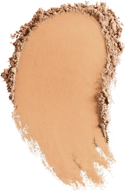 Beige meikkin puuteri levittäytynyt epätasaisesti muotoon, jossa on puderreunat. Se muistuttaa painettua puuteria tai meikkipohjaa.