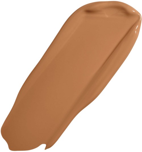Beige nestemäinen meikkivoide näyte, sileä koostumus ja kiiltävä pinta.