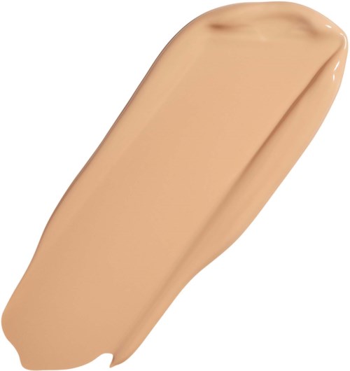 Beige nestemäinen meikkivoide näyte, sileä ja kermaisen tekstuurin valkoisella taustalla.