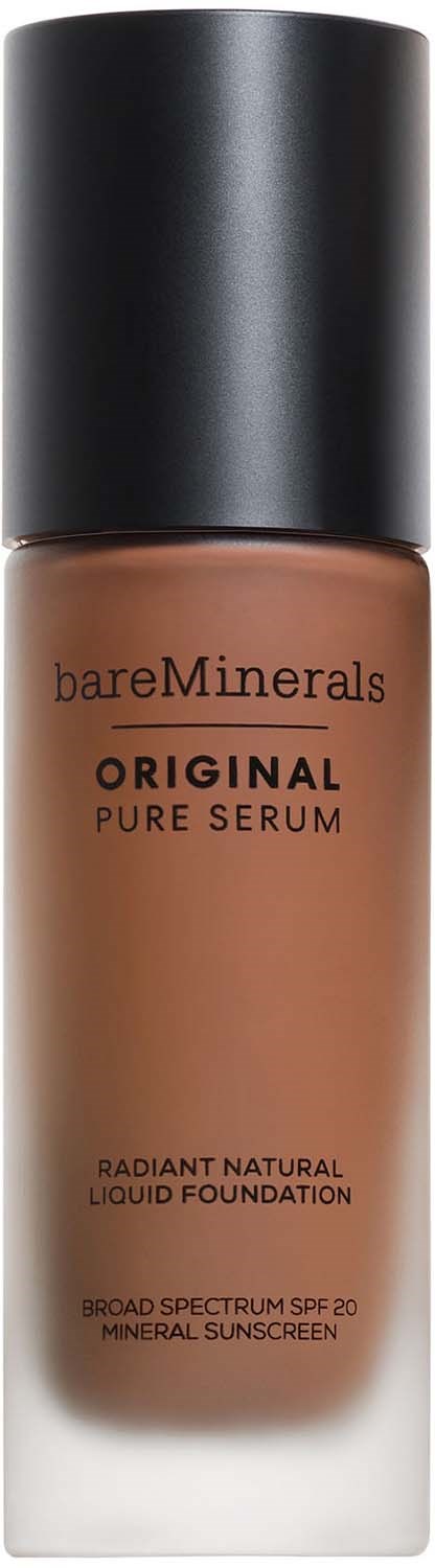 A bottle of bareMinerals liquid foundation with a black cap and brown bottle, SPF 20 mineral sunscreen included.