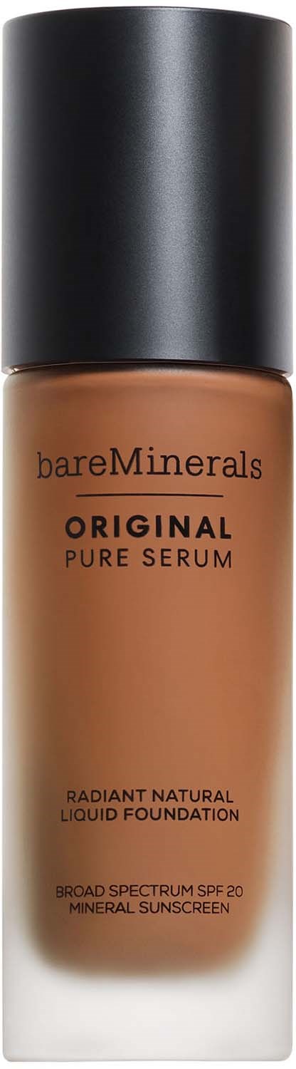 En flaska med bareMinerals flytande foundation med svart lock. Den är märkt som Original Pure Serum med SPF 20.