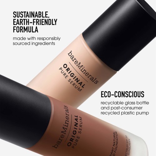 To flasker med BareMinerals foundation med miljøvenlig emballage og fokus på ansvarlige ingredienser.