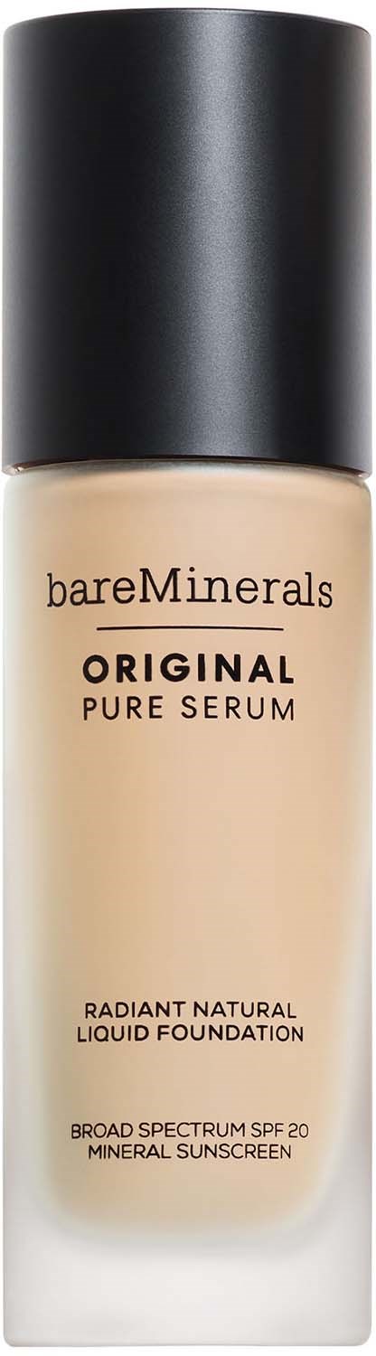 En beige væske-foundation i en flaske med sort låg, mærket 'bareMinerals Original Pure Serum' og SPF 20.