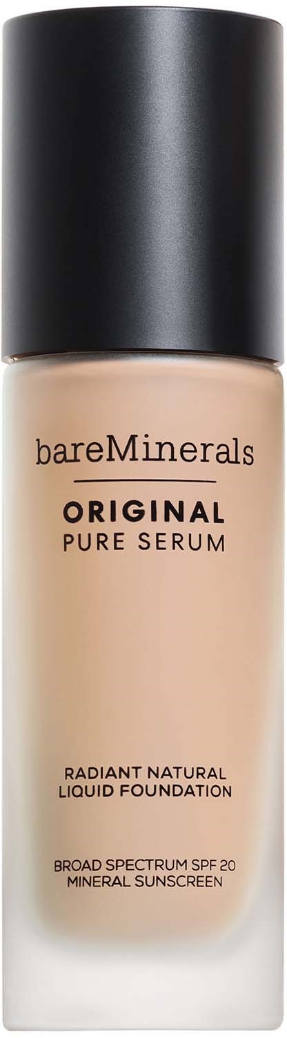 En flaske af BareMinerals foundation med sort låg, mærket som original pure serum og naturlig flydende foundation.