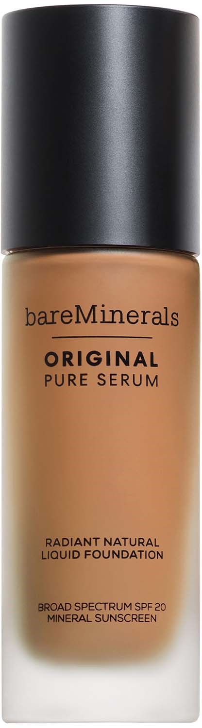 A bottle of liquid foundation with SPF 20, labeled BareMinerals Original Pure Serum, natural radiance finish.