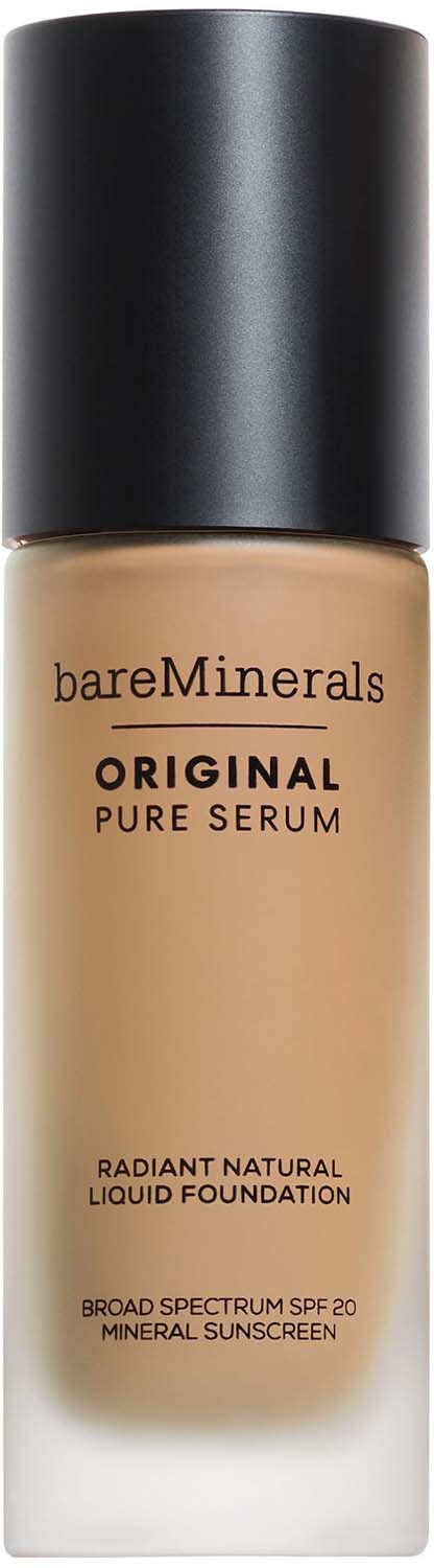 En beige væskefundationflaske med sort låg, mærket bareMinerals Original Pure Serum med SPF 20, bredspektret.