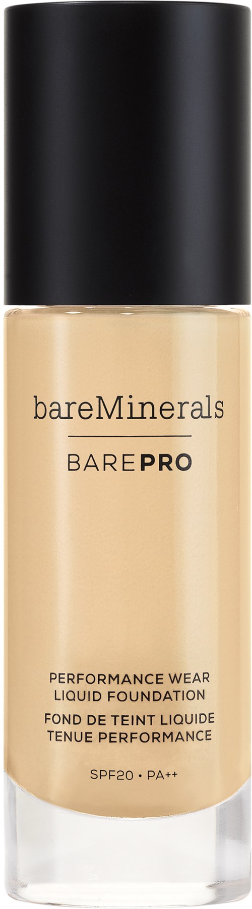 Beżowy płynny podkład w przezroczystej butelce z czarną nakrętką, oznaczony BareMinerals BarePRO, SPF20 PA++. 