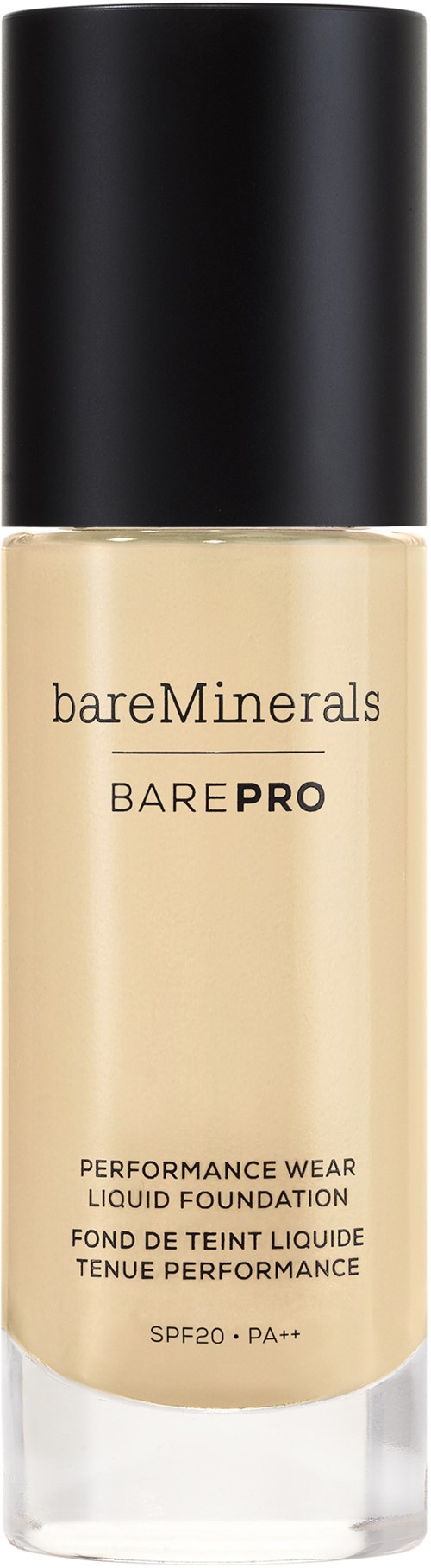 Butelka podkładu w płynie marki bareMinerals BarePRO z SPF20, w przezroczystym pojemniku z czarnym zamknięciem.