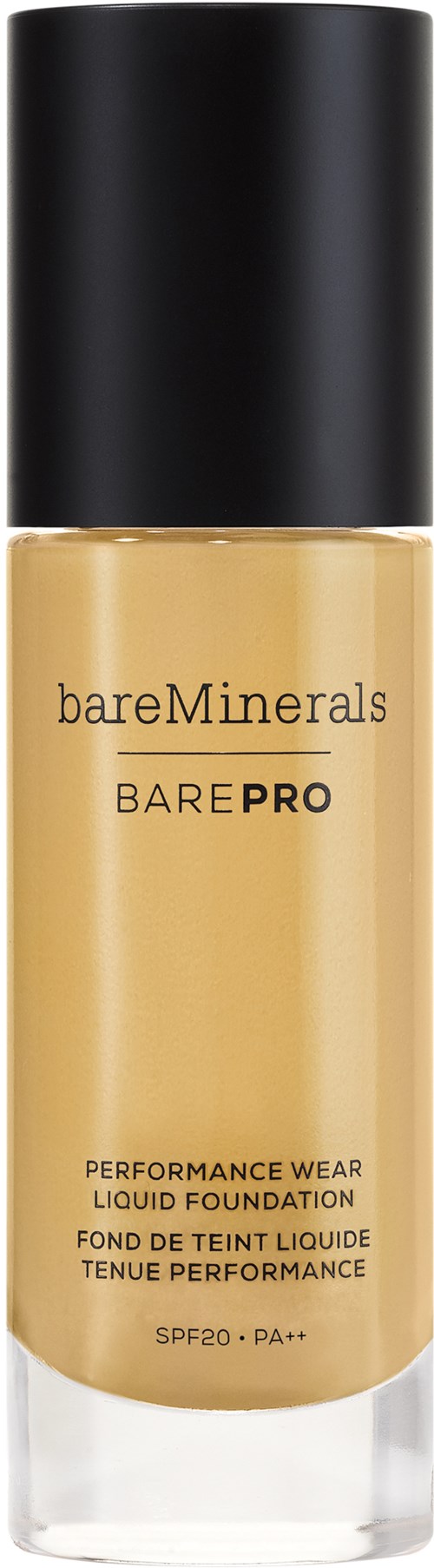 Butelka podkładu BareMinerals BarePRO o płynnej konsystencji z czarną nakrętką i beżową cieczą.