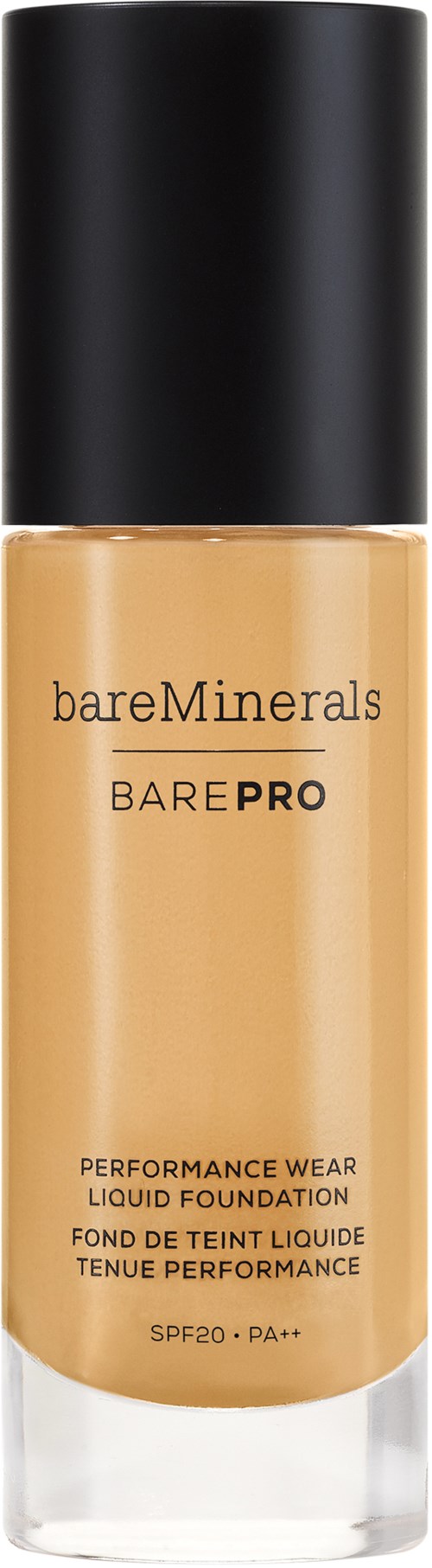 Butelka podkładu BareMinerals BarePRO w płynie z SPF20. Czarna nakrętka, beżowa ciecz. Produkt do pielęgnacji skóry i makijażu.