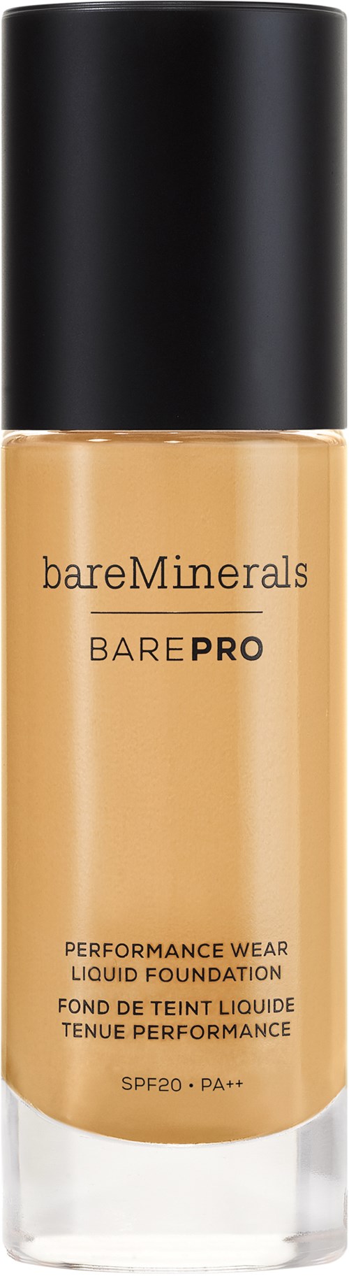 Butelka podkładu BareMinerals BarePRO w płynie z czarnym korkiem i beżowym płynem w środku.