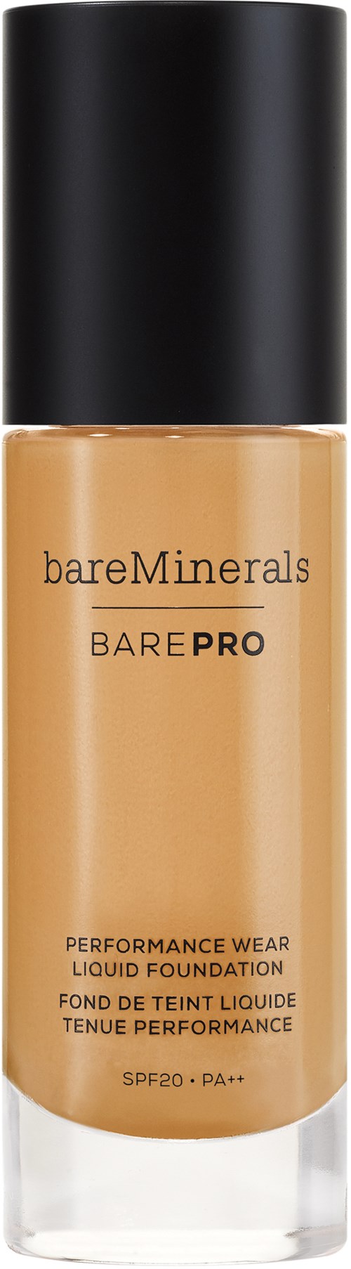 Butelka podkładu BareMinerals BarePRO w płynie z czarną nakrętką, beżowy odcień, SPF 20, do noszenia o wysokiej wydajności.