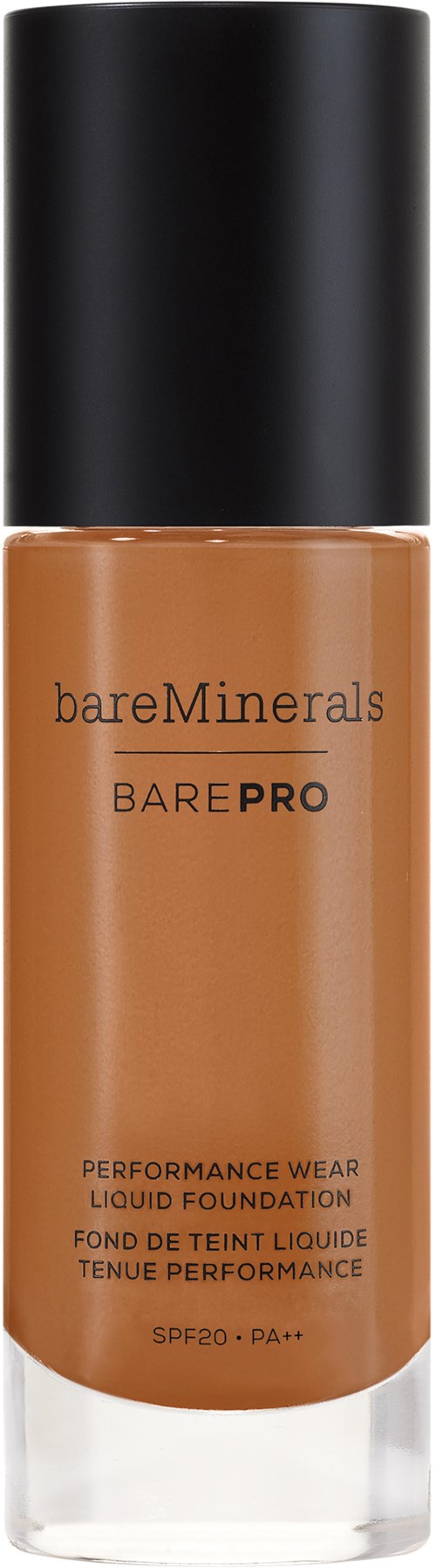 Butelka podkładu BareMinerals BarePRO o odcieniu beżowym z czarnym wieczkiem i płynem w środku.