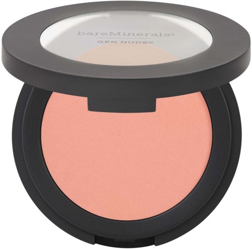 En kompakt blush i ett svart fodral, med spegel på locket och ljusrosa puder inuti.