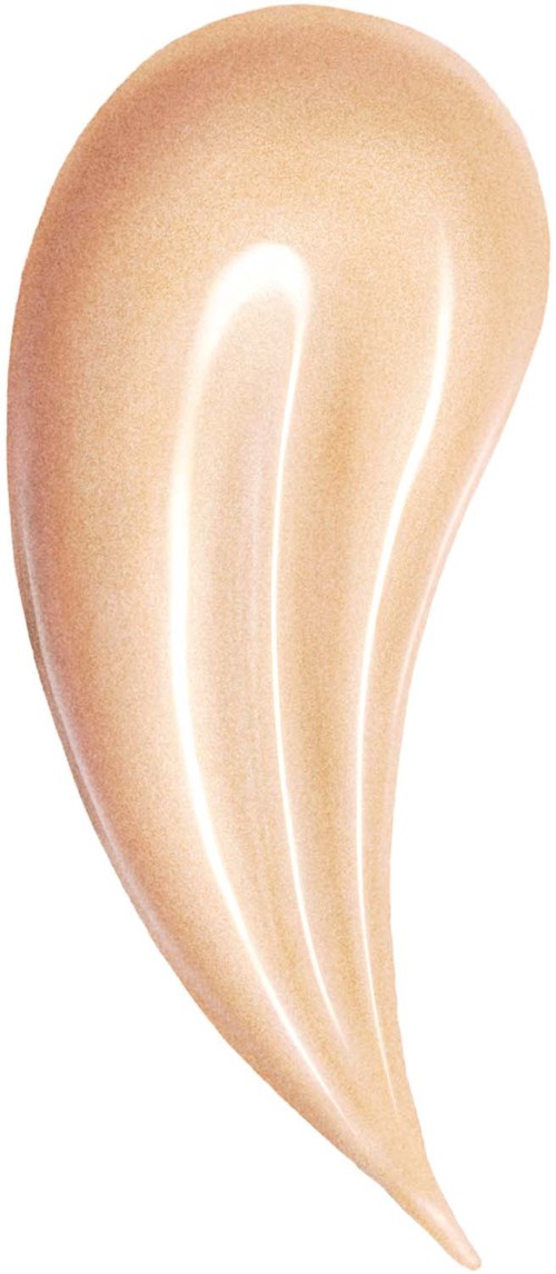 A beige liquid foundation swatch with a shiny, smooth texture and a curved shape.