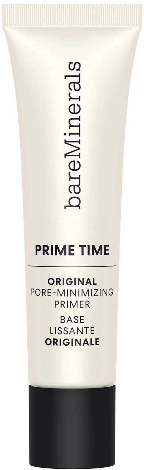 A white tube labeled 'bareMinerals Prime Time' with black cap, indicating a pore-minimizing primer for makeup.