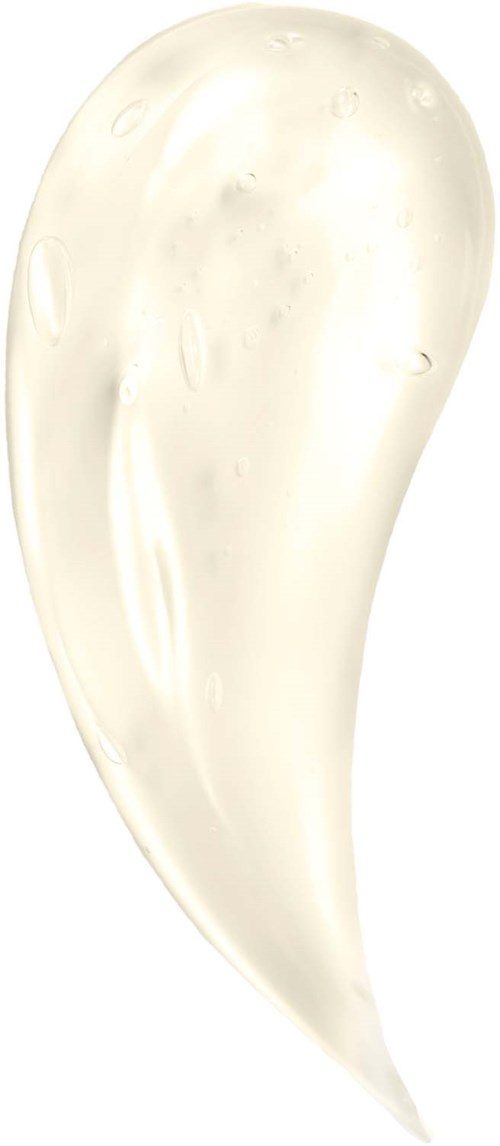 A clear, slightly curved gel or liquid drop with bubbles inside. It looks smooth and shiny.