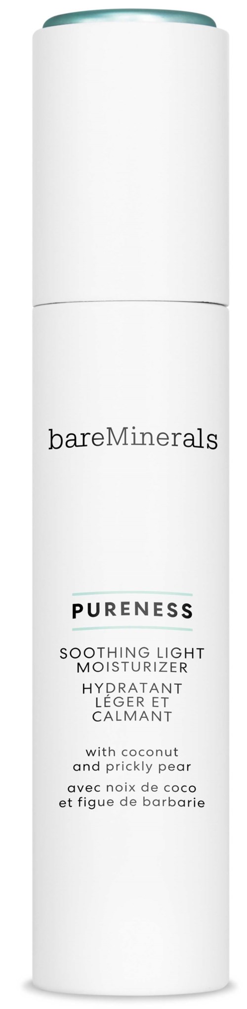 En lång vit flaska märkt BareMinerals Pureness, en återfuktare med doft av kokos och päron.