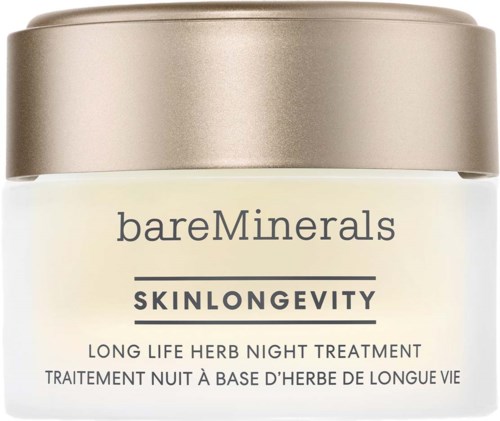 Słoik z bareMinerals SKINLONGEVITY Long Life Herb Night Treatment, z beżową pokrywką i białym opakowaniem.