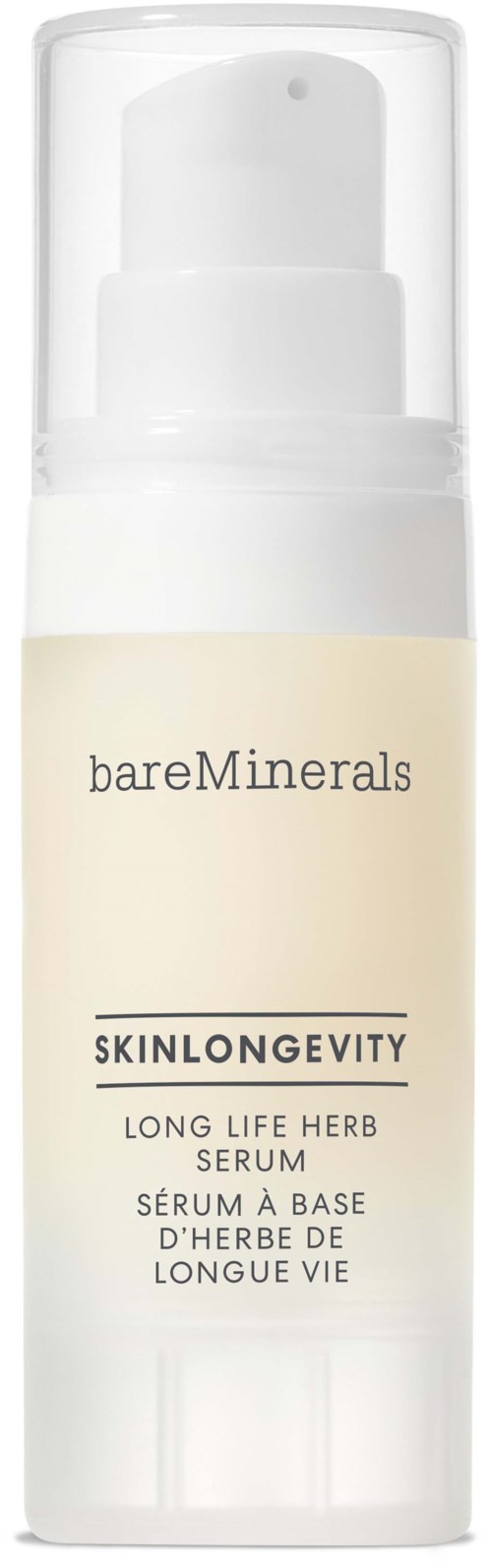 En hvid flaske med pumpe viser bareMinerals Skinlongevity serum til langvarig hudsundhed.