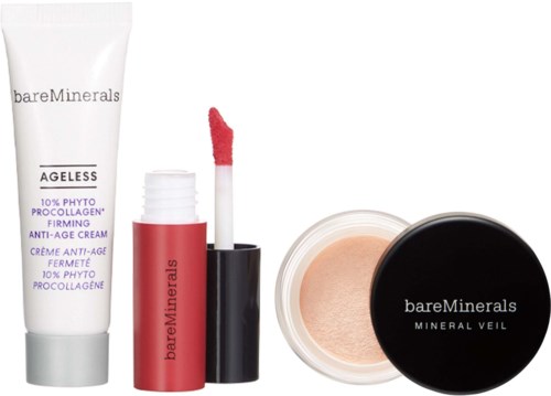 BareMinerals anti-aging kräm, läppglans och mineral veil-puder i svart behållare. Enkel vit bakgrund.