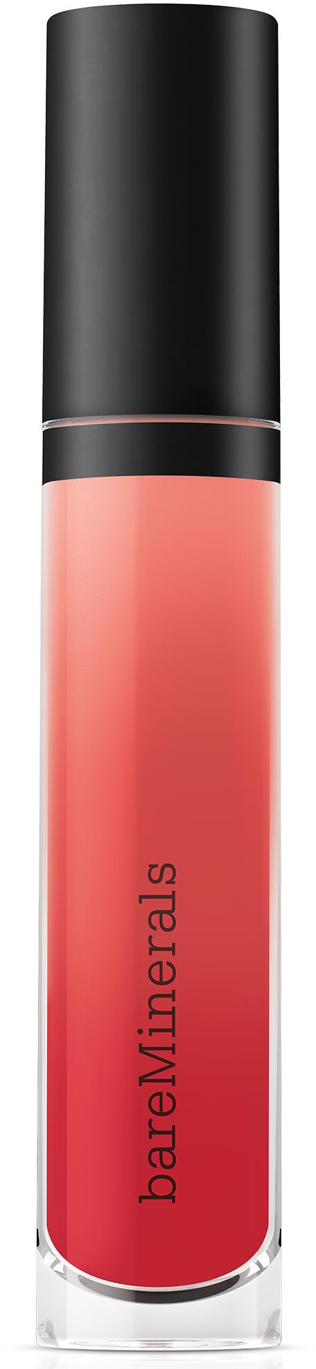 Ett korallfärgat flytande läppstift i en genomskinlig tub med svart lock, märkt BareMinerals.